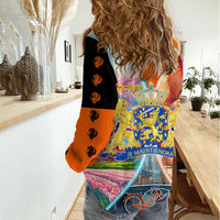 Dutch Lion Design Women Casual Shirt with Tulips Windmills Bicycles and Coat of Arms