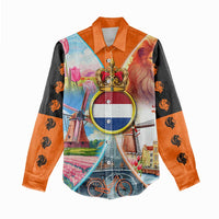 Dutch Lion Design Women Casual Shirt with Tulips Windmills Bicycles and Coat of Arms