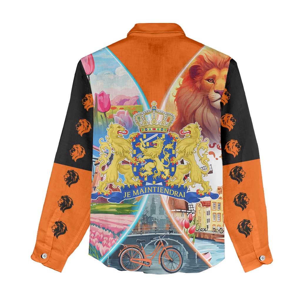 Dutch Lion Design Women Casual Shirt with Tulips Windmills Bicycles and Coat of Arms