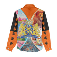 Dutch Lion Design Women Casual Shirt with Tulips Windmills Bicycles and Coat of Arms