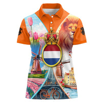 Dutch Lion Design Women Polo Shirt with Tulips Windmills Bicycles and Coat of Arms