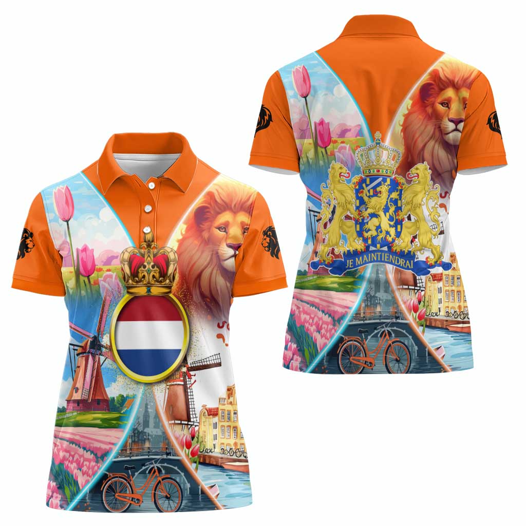 Dutch Lion Design Women Polo Shirt with Tulips Windmills Bicycles and Coat of Arms