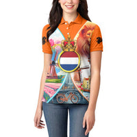 Dutch Lion Design Women Polo Shirt with Tulips Windmills Bicycles and Coat of Arms