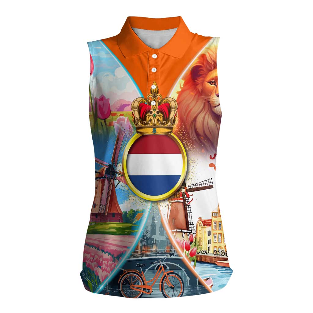 Dutch Lion Design Women Sleeveless Polo Shirt with Tulips Windmills Bicycles and Coat of Arms