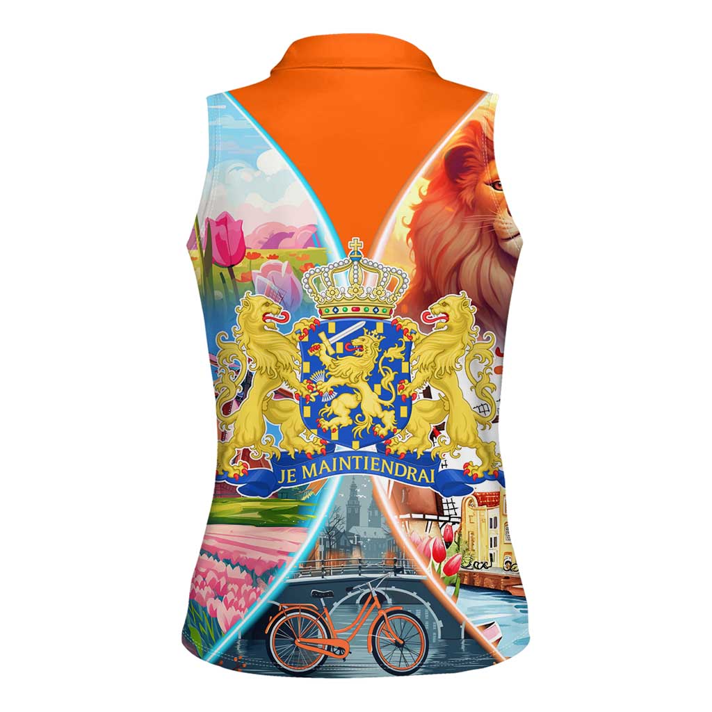 Dutch Lion Design Women Sleeveless Polo Shirt with Tulips Windmills Bicycles and Coat of Arms