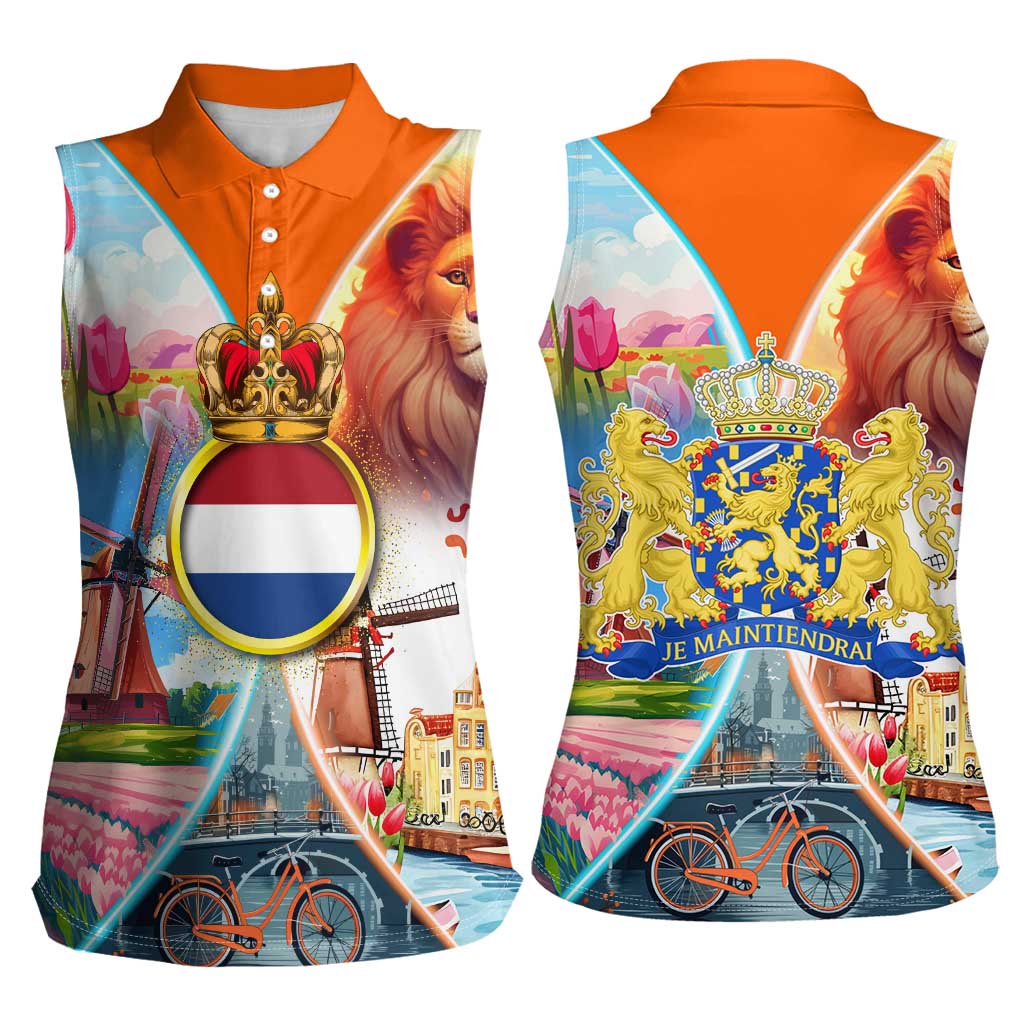 Dutch Lion Design Women Sleeveless Polo Shirt with Tulips Windmills Bicycles and Coat of Arms