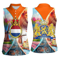 Dutch Lion Design Women Sleeveless Polo Shirt with Tulips Windmills Bicycles and Coat of Arms