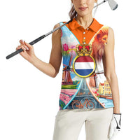 Dutch Lion Design Women Sleeveless Polo Shirt with Tulips Windmills Bicycles and Coat of Arms