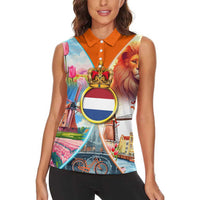 Dutch Lion Design Women Sleeveless Polo Shirt with Tulips Windmills Bicycles and Coat of Arms