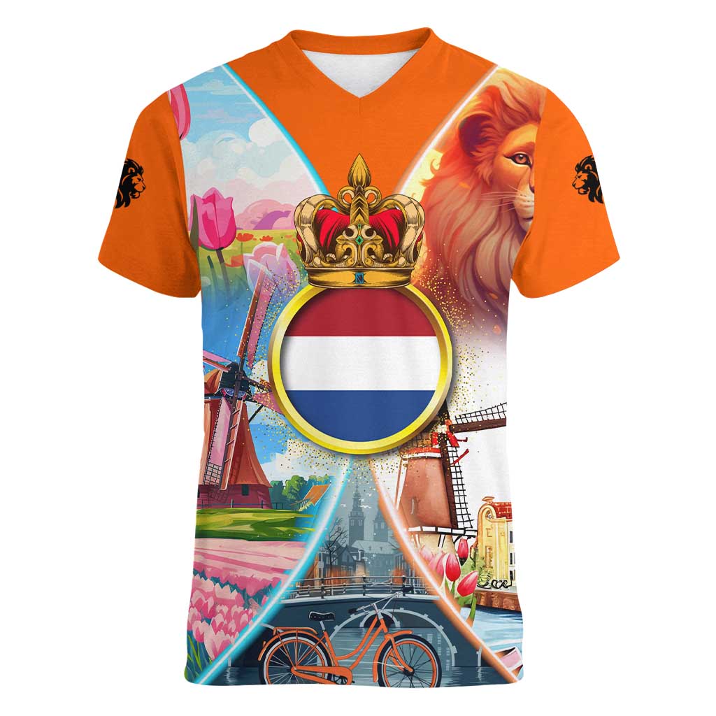 Dutch Lion Design Women V-Neck T-Shirt with Tulips Windmills Bicycles and Coat of Arms