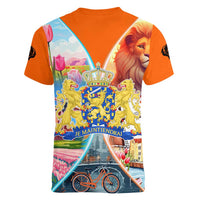 Dutch Lion Design Women V-Neck T-Shirt with Tulips Windmills Bicycles and Coat of Arms