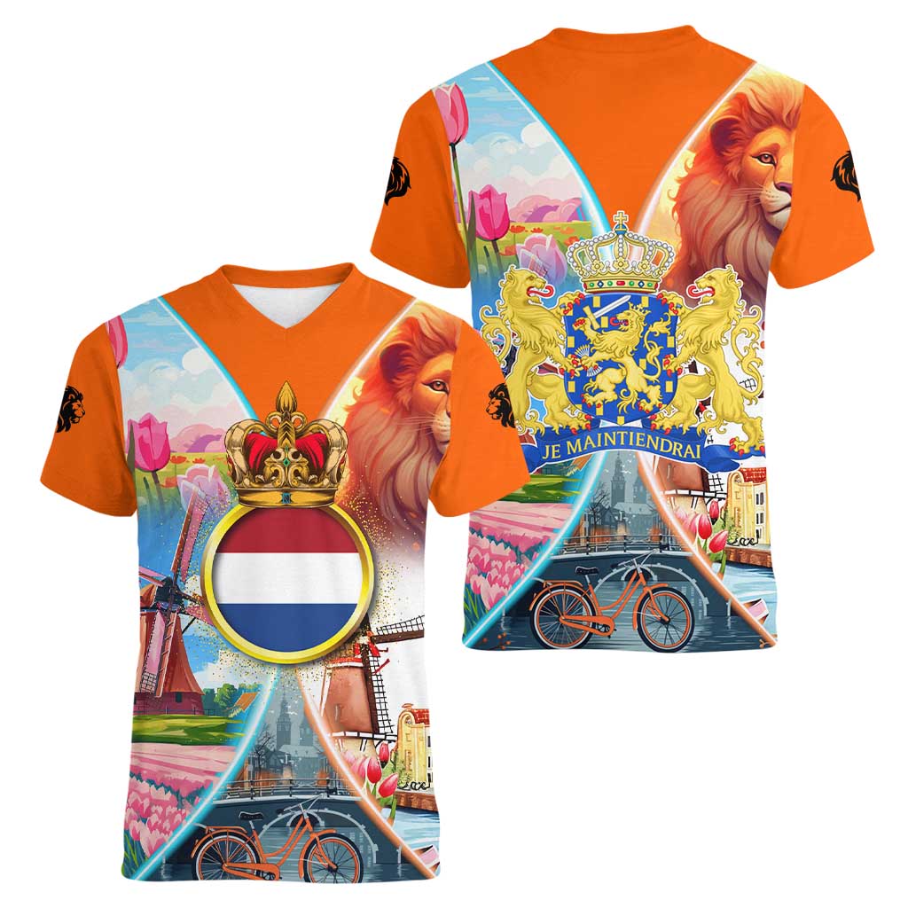 Dutch Lion Design Women V-Neck T-Shirt with Tulips Windmills Bicycles and Coat of Arms
