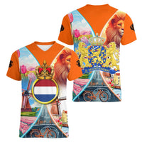 Dutch Lion Design Women V-Neck T-Shirt with Tulips Windmills Bicycles and Coat of Arms