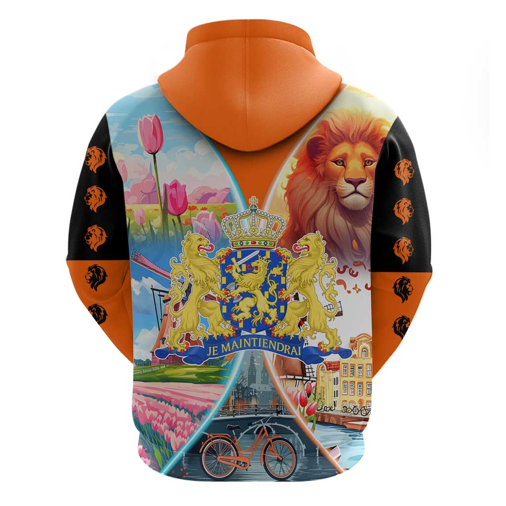 Dutch Lion Design Zip Hoodie with Tulips Windmills Bicycles and Coat of Arms
