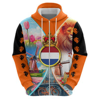 Dutch Lion Design Zip Hoodie with Tulips Windmills Bicycles and Coat of Arms