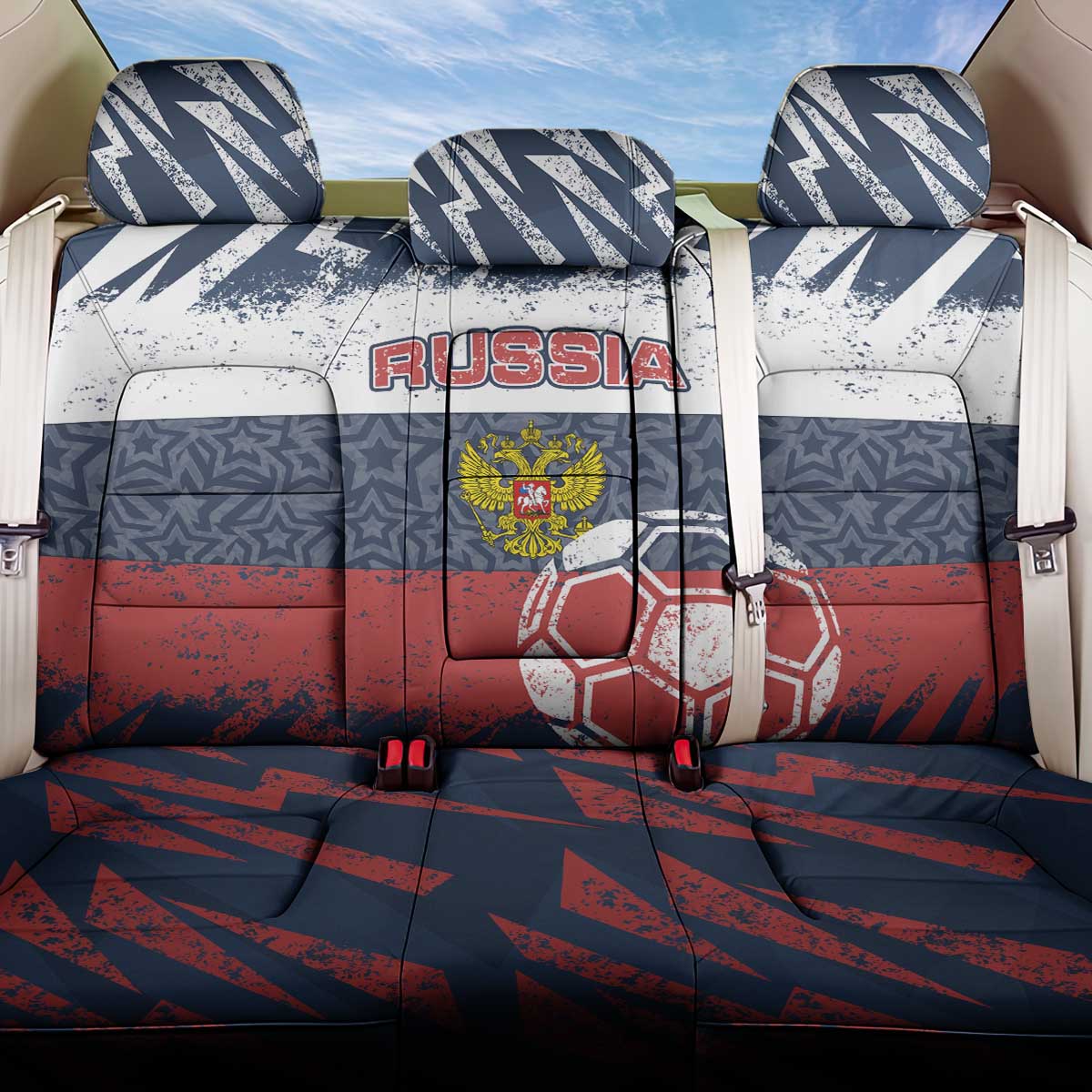 Russia Athletics Back Car Seat Cover with Soccer Ball, National Emblem, and Grunge Flag Design