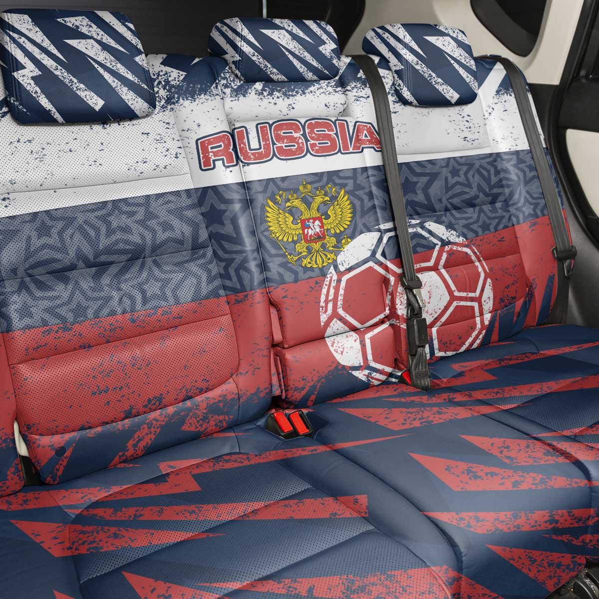 Russia Athletics Back Car Seat Cover with Soccer Ball, National Emblem, and Grunge Flag Design