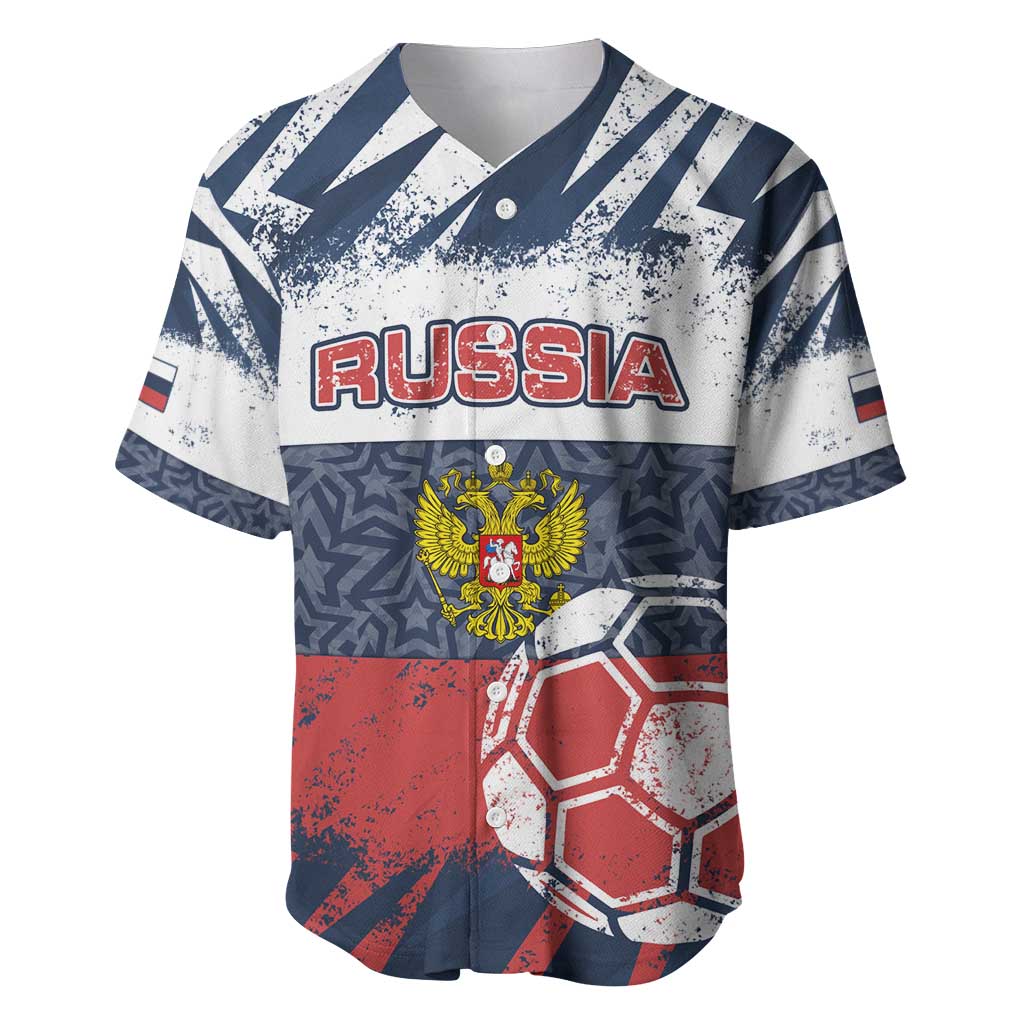 Personalized Russia Athletics Baseball Jersey with Soccer Ball, National Emblem, and Grunge Flag Design