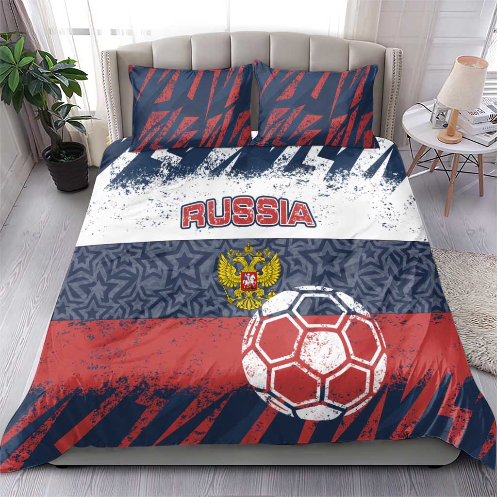 Russia Athletics Bedding Set with Soccer Ball, National Emblem, and Grunge Flag Design