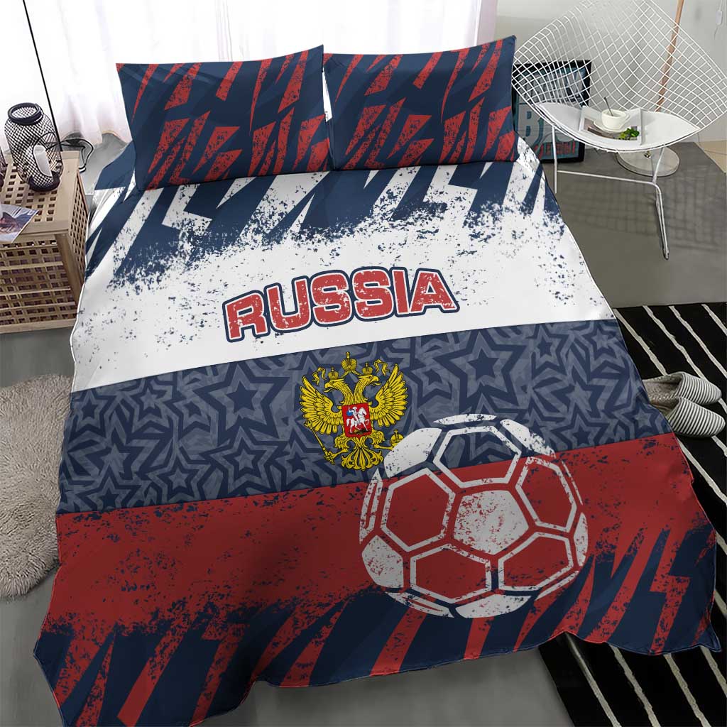 Russia Athletics Bedding Set with Soccer Ball, National Emblem, and Grunge Flag Design