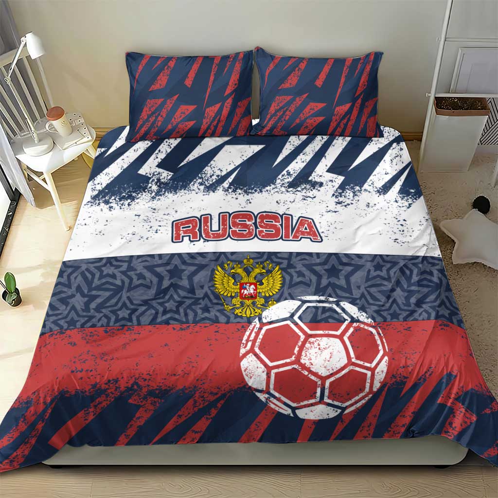 Russia Athletics Bedding Set with Soccer Ball, National Emblem, and Grunge Flag Design