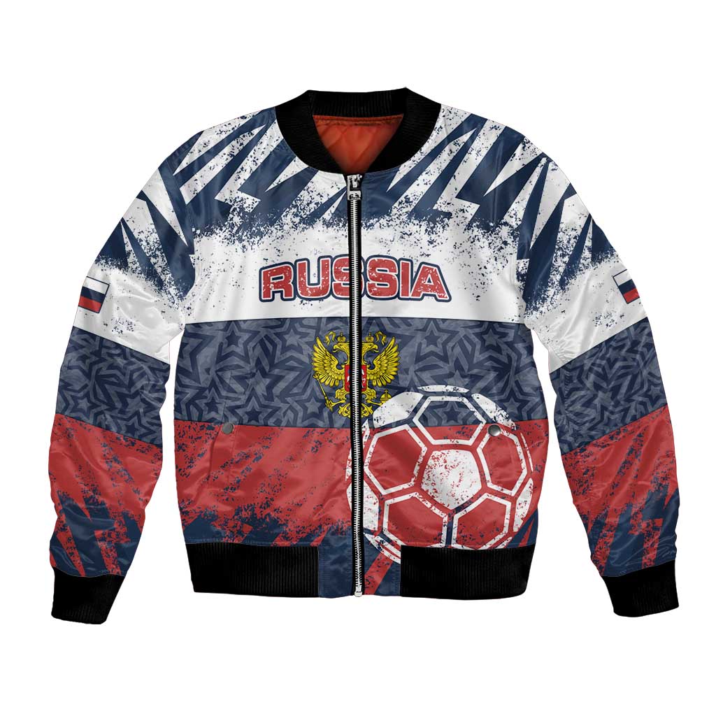 Personalized Russia Athletics Bomber Jacket with Soccer Ball, National Emblem, and Grunge Flag Design
