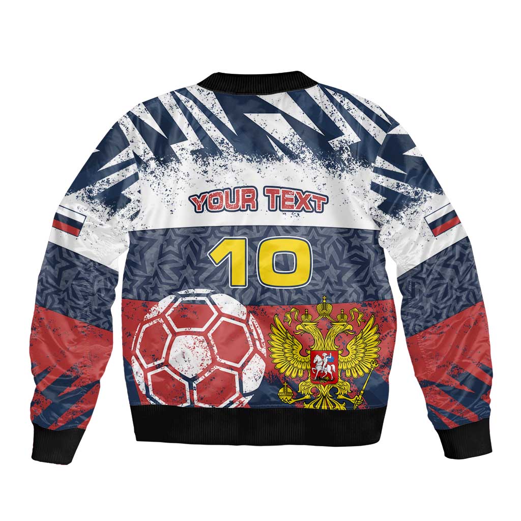 Personalized Russia Athletics Bomber Jacket with Soccer Ball, National Emblem, and Grunge Flag Design