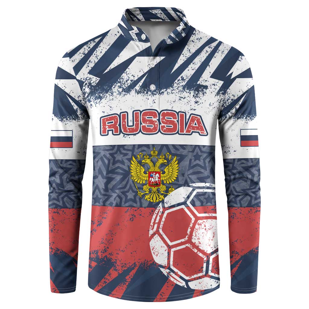 Personalized Russia Athletics Button Sweatshirt with Soccer Ball, National Emblem, and Grunge Flag Design