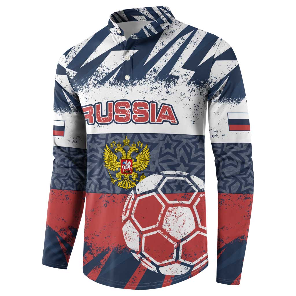 Personalized Russia Athletics Button Sweatshirt with Soccer Ball, National Emblem, and Grunge Flag Design