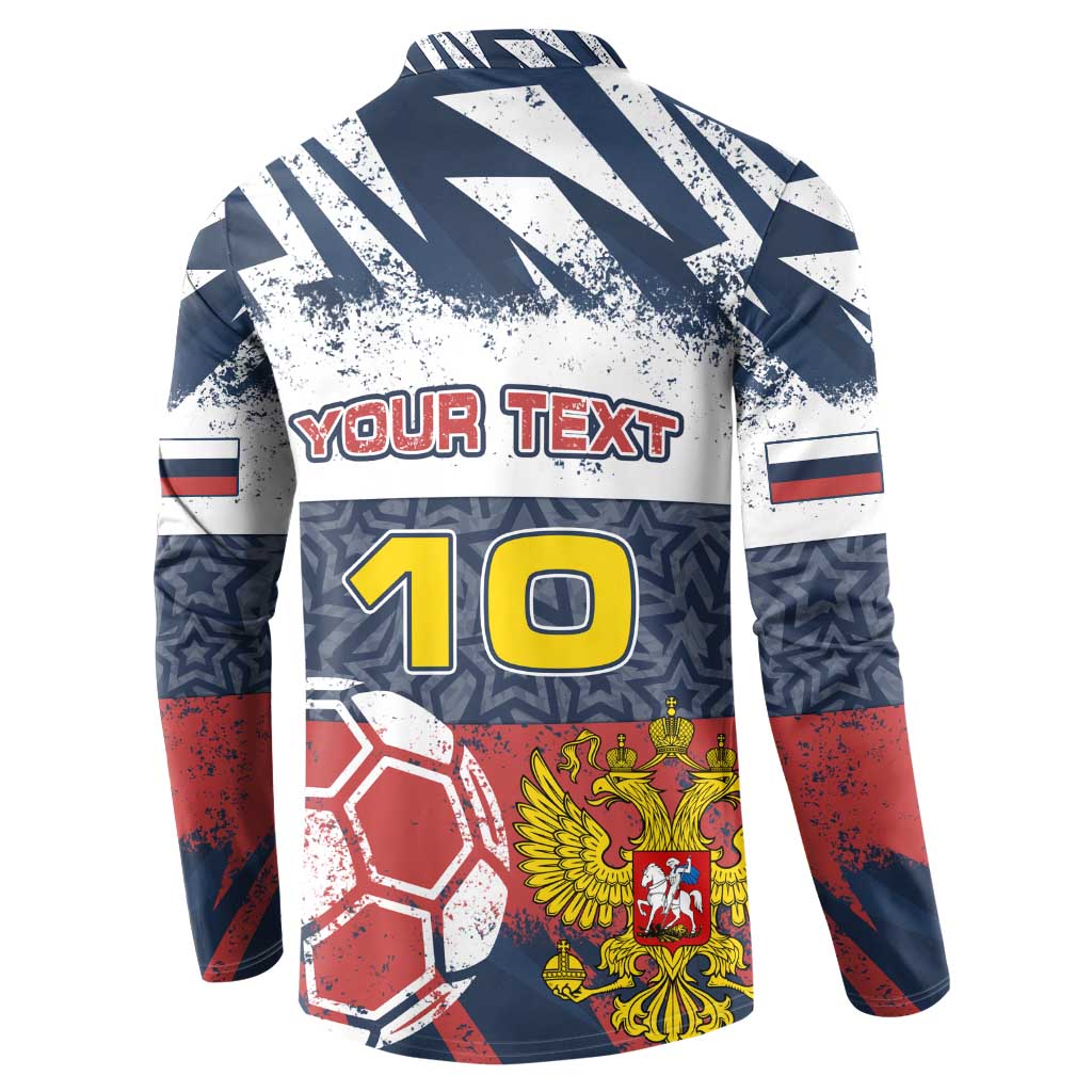 Personalized Russia Athletics Button Sweatshirt with Soccer Ball, National Emblem, and Grunge Flag Design