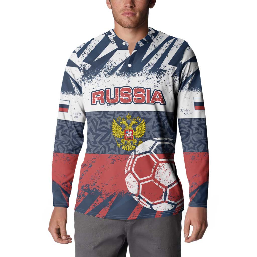 Personalized Russia Athletics Button Sweatshirt with Soccer Ball, National Emblem, and Grunge Flag Design