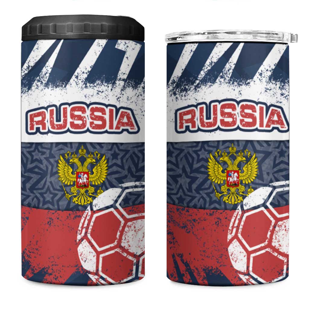 Russia Athletics 4 in 1 Can Cooler Tumbler with Soccer Ball, National Emblem, and Grunge Flag Design