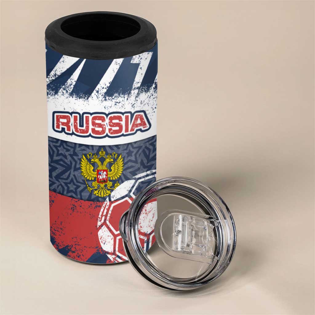 Russia Athletics 4 in 1 Can Cooler Tumbler with Soccer Ball, National Emblem, and Grunge Flag Design