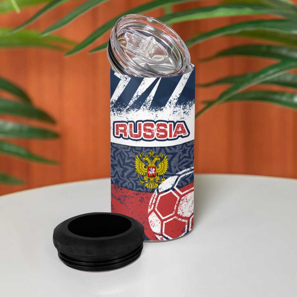 Russia Athletics 4 in 1 Can Cooler Tumbler with Soccer Ball, National Emblem, and Grunge Flag Design