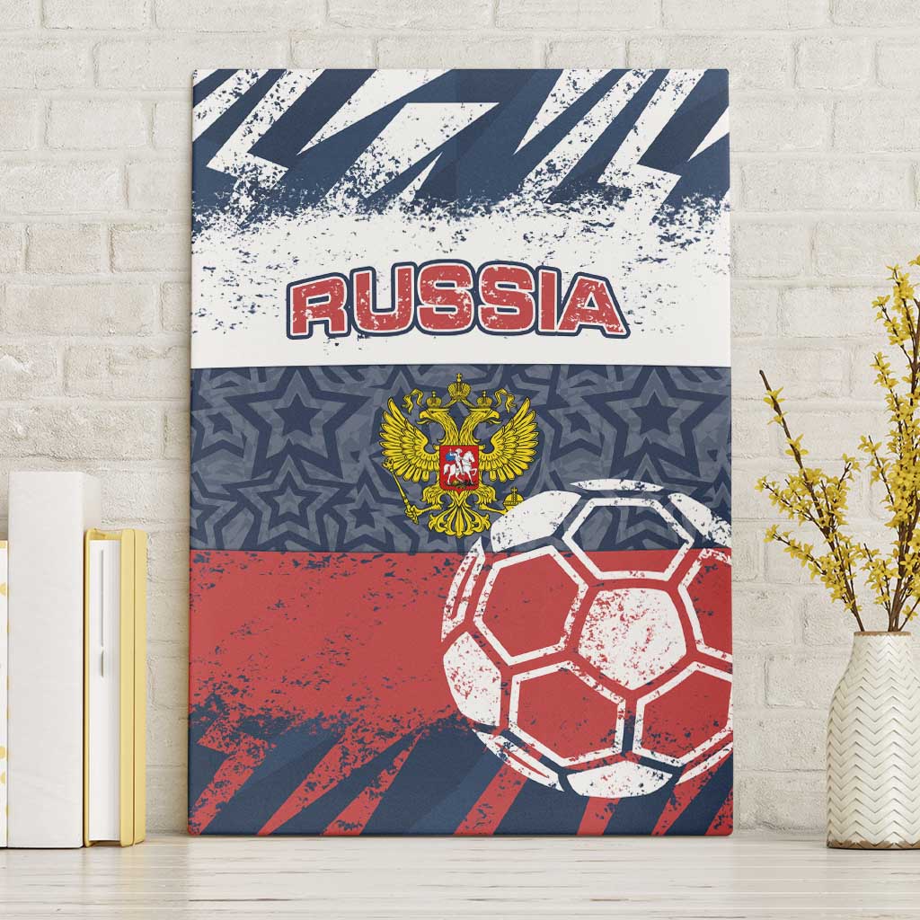Russia Athletics Canvas Wall Art with Soccer Ball, National Emblem, and Grunge Flag Design