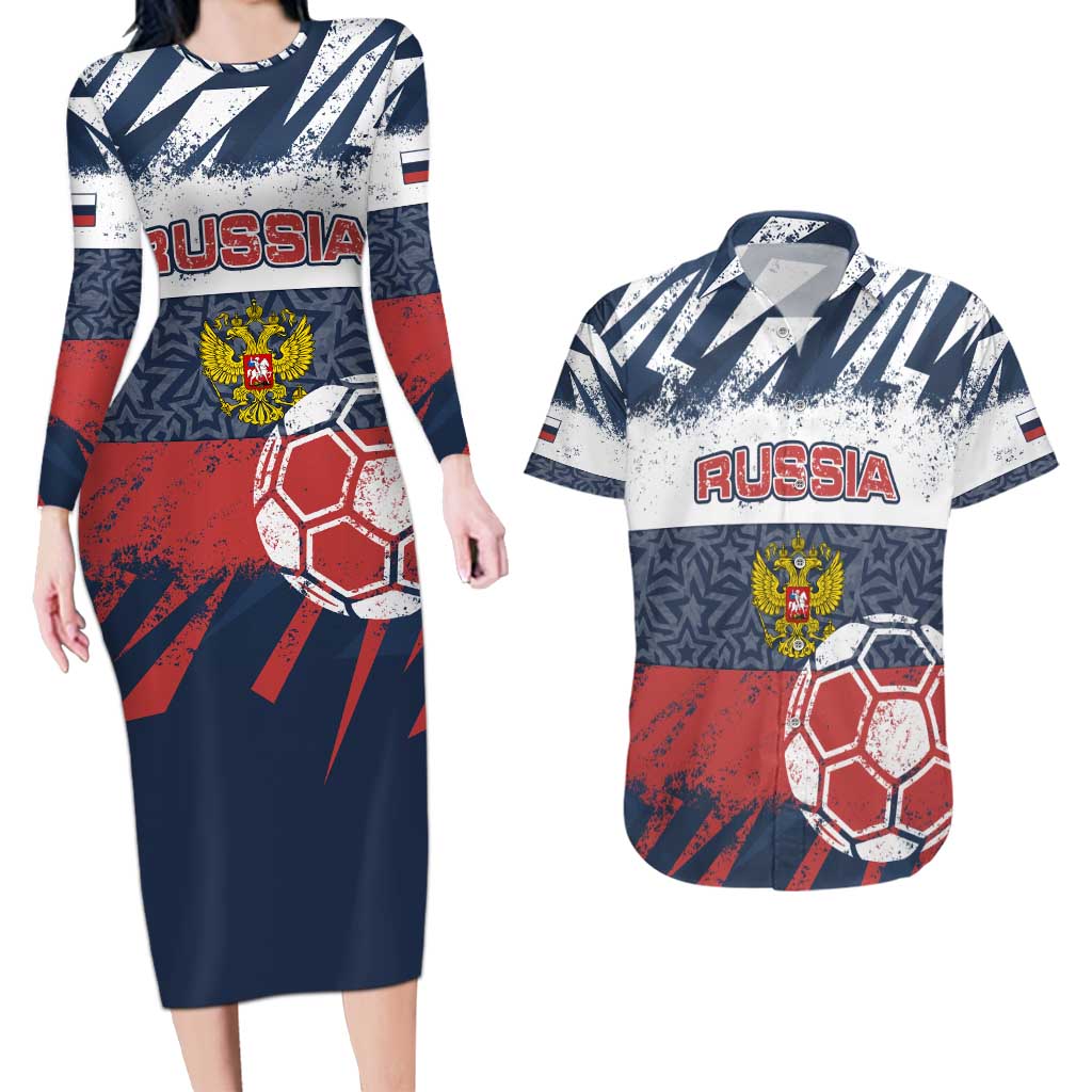 Personalized Russia Athletics Couples Matching Long Sleeve Bodycon Dress and Hawaiian Shirt with Soccer Ball, National Emblem, and Grunge Flag Design