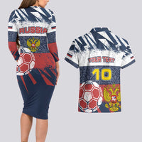 Personalized Russia Athletics Couples Matching Long Sleeve Bodycon Dress and Hawaiian Shirt with Soccer Ball, National Emblem, and Grunge Flag Design