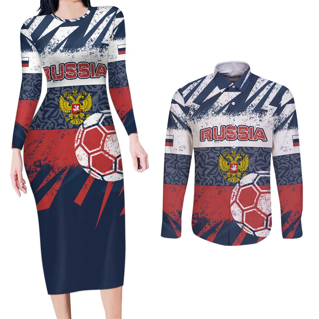 Personalized Russia Athletics Couples Matching Long Sleeve Bodycon Dress and Long Sleeve Button Shirt with Soccer Ball, National Emblem, and Grunge Flag Design