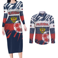 Personalized Russia Athletics Couples Matching Long Sleeve Bodycon Dress and Long Sleeve Button Shirt with Soccer Ball, National Emblem, and Grunge Flag Design