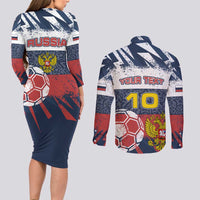 Personalized Russia Athletics Couples Matching Long Sleeve Bodycon Dress and Long Sleeve Button Shirt with Soccer Ball, National Emblem, and Grunge Flag Design