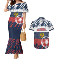 Personalized Russia Athletics Couples Matching Mermaid Dress and Hawaiian Shirt with Soccer Ball, National Emblem, and Grunge Flag Design