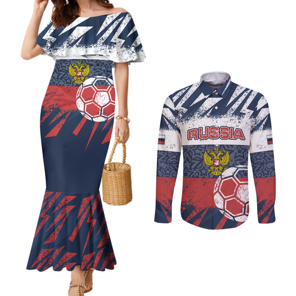 Personalized Russia Athletics Couples Matching Mermaid Dress and Long Sleeve Button Shirt with Soccer Ball, National Emblem, and Grunge Flag Design