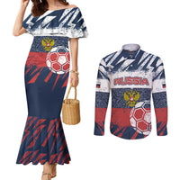 Personalized Russia Athletics Couples Matching Mermaid Dress and Long Sleeve Button Shirt with Soccer Ball, National Emblem, and Grunge Flag Design