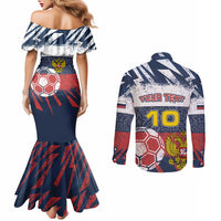 Personalized Russia Athletics Couples Matching Mermaid Dress and Long Sleeve Button Shirt with Soccer Ball, National Emblem, and Grunge Flag Design