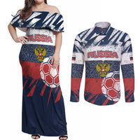 Personalized Russia Athletics Couples Matching Off Shoulder Maxi Dress and Long Sleeve Button Shirt with Soccer Ball, National Emblem, and Grunge Flag Design