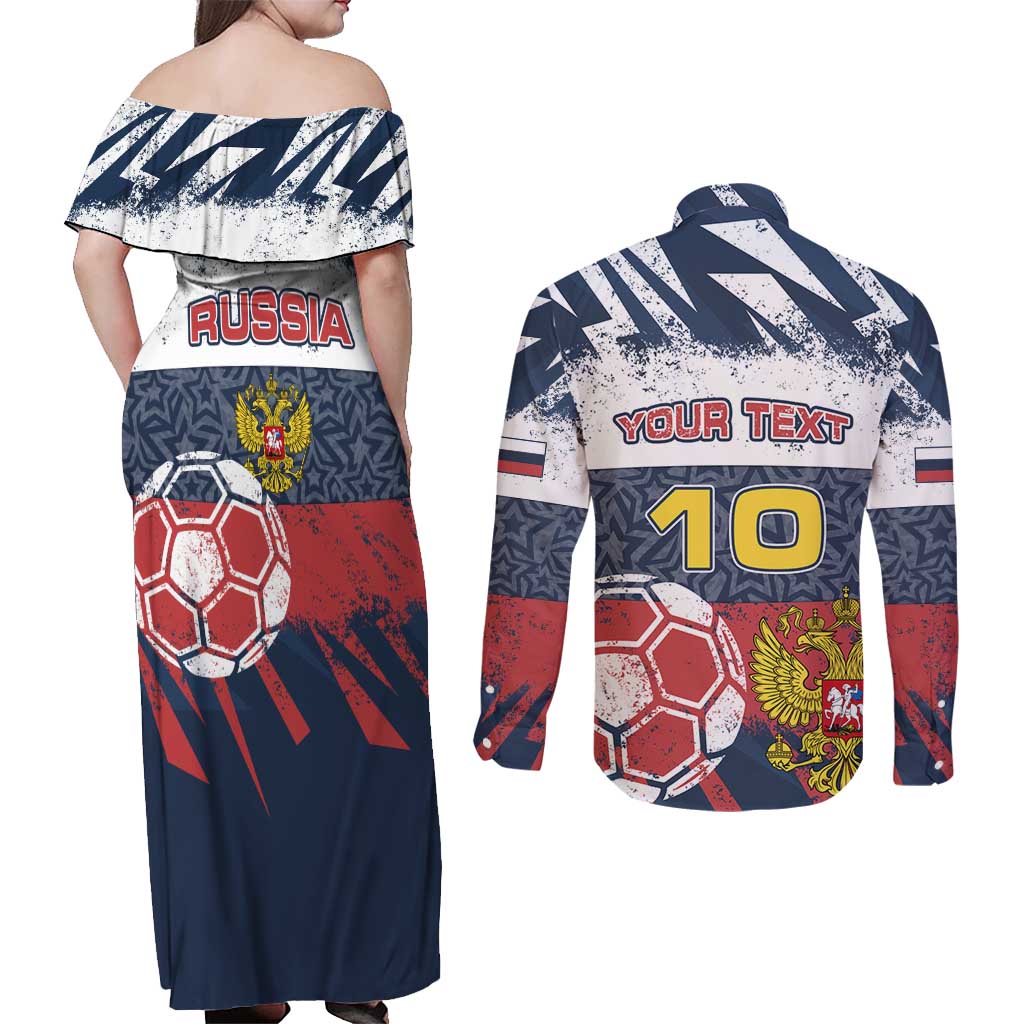 Personalized Russia Athletics Couples Matching Off Shoulder Maxi Dress and Long Sleeve Button Shirt with Soccer Ball, National Emblem, and Grunge Flag Design