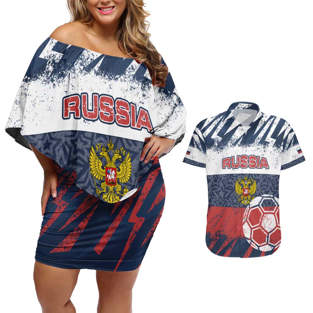 Personalized Russia Athletics Couples Matching Off Shoulder Short Dress and Hawaiian Shirt with Soccer Ball, National Emblem, and Grunge Flag Design