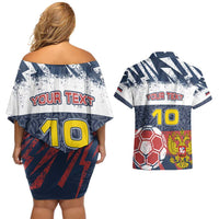 Personalized Russia Athletics Couples Matching Off Shoulder Short Dress and Hawaiian Shirt with Soccer Ball, National Emblem, and Grunge Flag Design