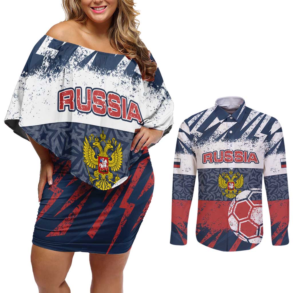 Personalized Russia Athletics Couples Matching Off Shoulder Short Dress and Long Sleeve Button Shirt with Soccer Ball, National Emblem, and Grunge Flag Design