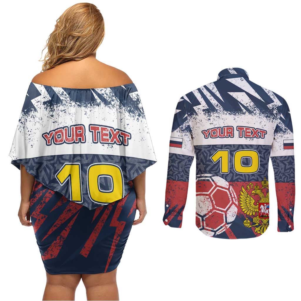 Personalized Russia Athletics Couples Matching Off Shoulder Short Dress and Long Sleeve Button Shirt with Soccer Ball, National Emblem, and Grunge Flag Design